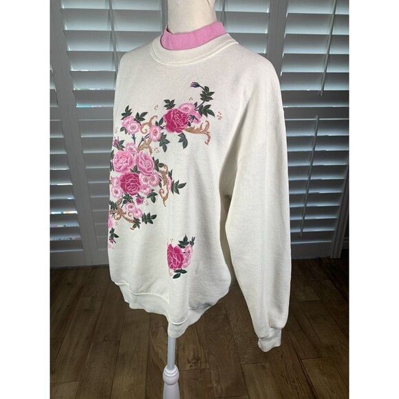 Vtg Grandma Core Double Collar White Pink Flowers Sweatshirt M/L K Hamilton - Picture 10 of 12